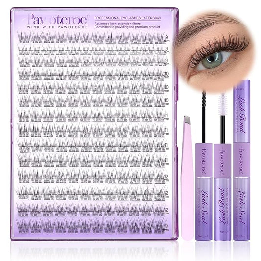 Pawotence Lash Extension Kit Wispy Lash Clusters Kit 9-12mm Natural Individual Lashes Kit 168pcs Cluster Eyelash Extension Kit with Lash Bond and Seal, Lash Applicator for Self Use