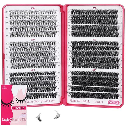 Lash Clusters 600PCS - Eyelash Clusters 20D+30D+40D+50D+60D+80D Wispy Individual Lashes D Curl Lash Extension 10-18MM Natural Lash Clusters DIY Cluster Eyelash Extensions for Beginners