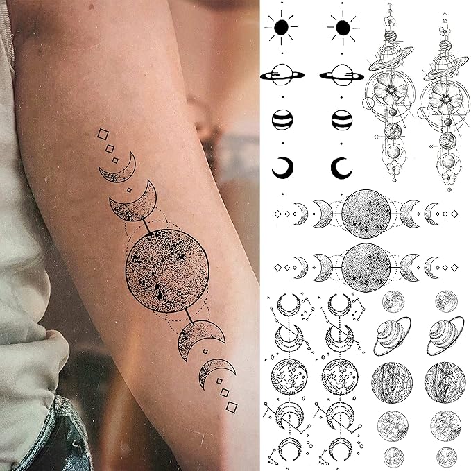 15 Sheets Realistic Space Planets Chain Temporary Tattoos For Women Men Arm Neck, Butterfly Solar System Moon Sun Star Fake Tattoo Sticker, Small Universe Tatoos Kids Girls Boys Forearm Body