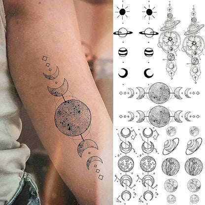15 Sheets Realistic Space Planets Chain Temporary Tattoos For Women Men Arm Neck, Butterfly Solar System Moon Sun Star Fake Tattoo Sticker, Small Universe Tatoos Kids Girls Boys Forearm Body