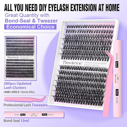 Pawotence Lash Extension Kit Individual Lash Clusters Kit 40D 50D Eyelash Extension Kit 8-16mm Eyelash Clusters with Lash Bond and Seal, Lash Tweezers for Beginners (40D&50D, 0.07D, 8-16mm, Kit)