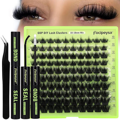 Focipeysa Lash Clusters DIY Lash Extension Kit 60P Eyelash Extension Wispy Individual Lashes Extension with Bond and Seal Glue, Lash Applicator DIY at Home for Beginner (60P 10-18MM)