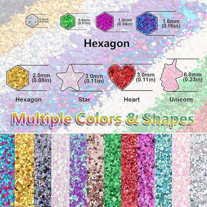 2 Colors of Holographic Chunky Glitter with Quick Dry Glue Pack 4, 4 Pots Total 40g Multi-Shaped for Body Hair Face Eyes Make-up, Nail Art and Bedazzling in Party/Concert/Events Glitter