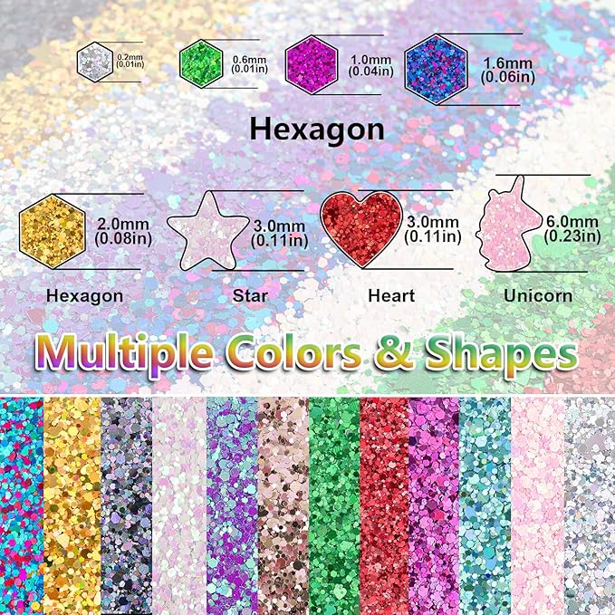 4 Colors of Holographic Chunky Glitter with Quick Dry Glue Pack 5, 4 Pots Total 40g Multi-Shaped for Body Hair Face Eyes Make-up, Nail Art and Bedazzling in Party/Concert/Events Glitter