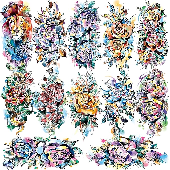 3D Watercolor Rose Temporary Tattoos For Women, Colorful Fake tattoos Long Lasting, Flower Temp Tattoo Stickers Moon Snake Lion Wolf Tiger