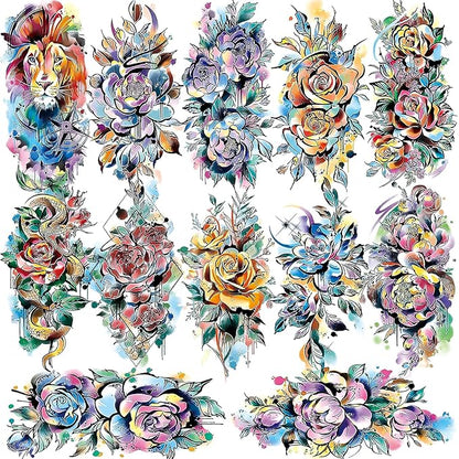 3D Watercolor Rose Temporary Tattoos For Women, Colorful Fake tattoos Long Lasting, Flower Temp Tattoo Stickers Moon Snake Lion Wolf Tiger