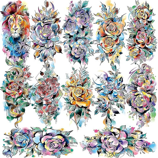 3D Watercolor Rose Temporary Tattoos For Women, Colorful Fake tattoos Long Lasting, Flower Temp Tattoo Stickers Moon Snake Lion Wolf Tiger