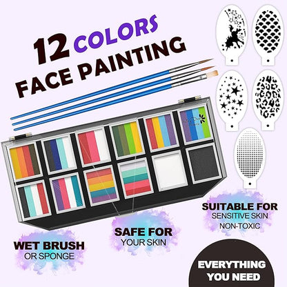 Maydear Face Painting Kit for Kids Adults, 12×10gm Professional Makeup Split Cake Palette, Safe and Non-Toxic Water Based Rainbow Face Body Paint Set with Stencils for Parties, Halloween, Christmas