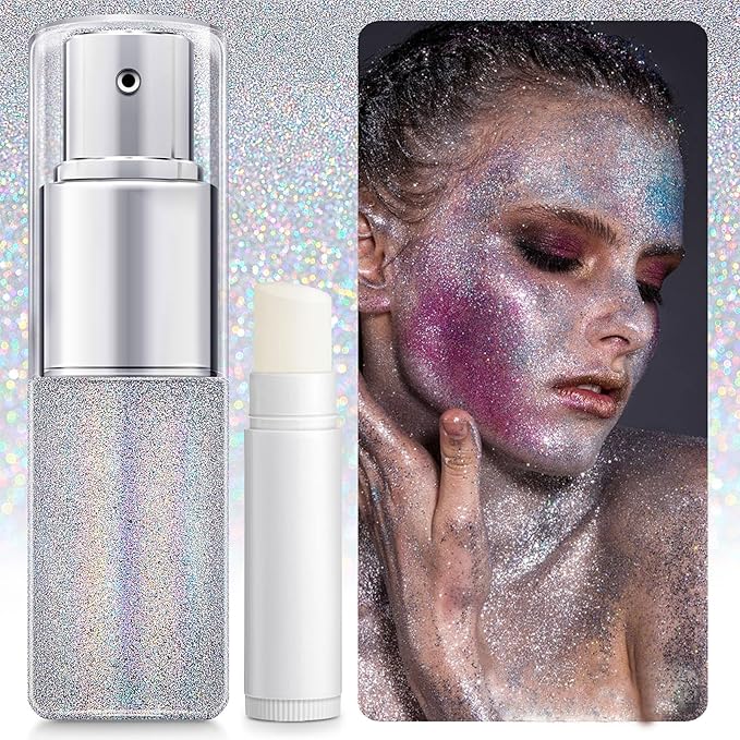 Hair Glitter Spray,Sliver Glitter Spray for Hair and Body Face Glitter Spray Long-Lasting Glitter for Hairspray Clothes Makeup Festival Stage Crafts(with Moisture Stick)