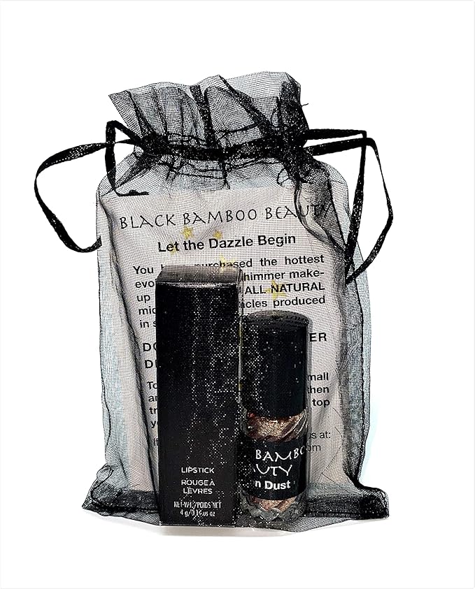 Black Bamboo Gold Body Glitter and Lipstick Set | Includes Gold Sparkle Lipstick and Shimmering Glitter Roll-On | Use on Lips, Eyes and Face | Perfect for Parties, Celebrations or Holiday Gifts