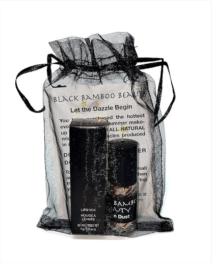 Black Bamboo Gold Body Glitter and Lipstick Set | Includes Gold Sparkle Lipstick and Shimmering Glitter Roll-On | Use on Lips, Eyes and Face | Perfect for Parties, Celebrations or Holiday Gifts