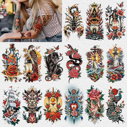 Cerlaza 79 Sheets Classic Temporary Tattoos for Adult Women Men, American Old School Fake Tattoos Sleeve, Realistic Traditional Colorful Flower Animal Half Arm/Tiny Tattoo Stickers