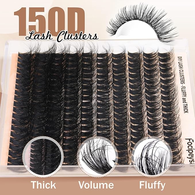 Focipeysa Full Volume Lash Extension Kit 200Pcs Lash Clusters Kit with Lash Bond and Seal and Lash Tweezers Lash Clusters DIY Eyelash Extensions Kit at Home (150D 10-18mm D Curly)
