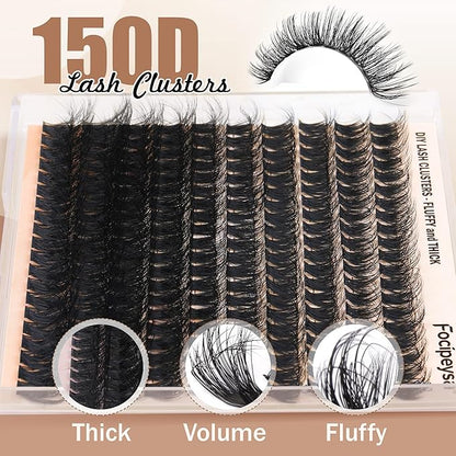 Focipeysa Full Volume Lash Extension Kit 200Pcs Lash Clusters Kit with Lash Bond and Seal and Lash Tweezers Lash Clusters DIY Eyelash Extensions Kit at Home (150D 10-18mm D Curly)