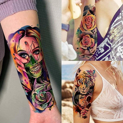 55 Sheets 3D Watercolor Temporary Tattoos For Women Men Adults Kids - Realistic Animal Print, Tribal, Floral, Halloween Designs - Multicolor - Waterproof - Ages 3+