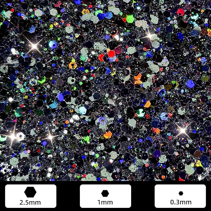 GlimmerLife Black Glitter, 150G/5.29OZ Glitter, Holographic Chunky Glitter, Craft Glitter for Resin, Epoxy Tumblers, Nail Art, Iridescent Metallic Sequin Flakes Bulk, Halloween Decorations