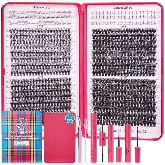 Lash Clusters Kit with Bottom Lashes, Lash Extension Kit With 30D40D50D60D Fluffy Upper Wispy Lash Clusters & 2 Type Bottom Lash Clusters,EyeLash Extension Kit with Black Bond & Clear Glue 2 In 1