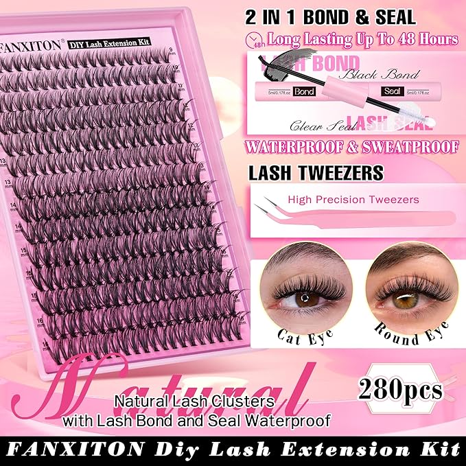 FANXITON DIY Lash Extension Kit 30D D Individual Lashes Lash Clusters Kit Cluster Lashes Lash Bond and Seal and Lash Tweezers for Lash Clusters Kit DIY at Home