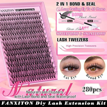 FANXITON DIY Lash Extension Kit 30D D Individual Lashes Lash Clusters Kit Cluster Lashes Lash Bond and Seal and Lash Tweezers for Lash Clusters Kit DIY at Home