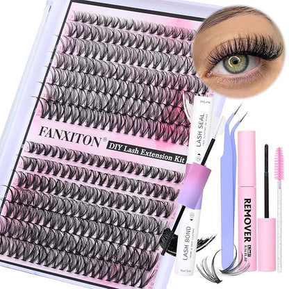 DIY Lash Extension Kit Natural Lash Clusters 30D+40D Mix 9-16 mm D lndividual Lashes Lash Remover 280 pcs Wispy Eyelash Extension Kit with Lash Bond and Seal and Lash Tweezers by FANXITON