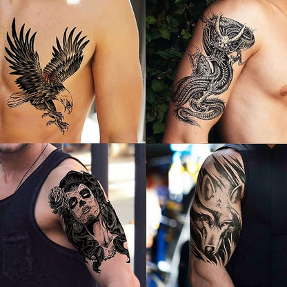 50 Sheets Black Temporary Tattoos For Men Adults Ealge Dragon Lion Wolf Animals For Women Neck Arm Thigh, Fake Small Skull Tattoo Sticker For Kids Children Boys Girls Tatoos