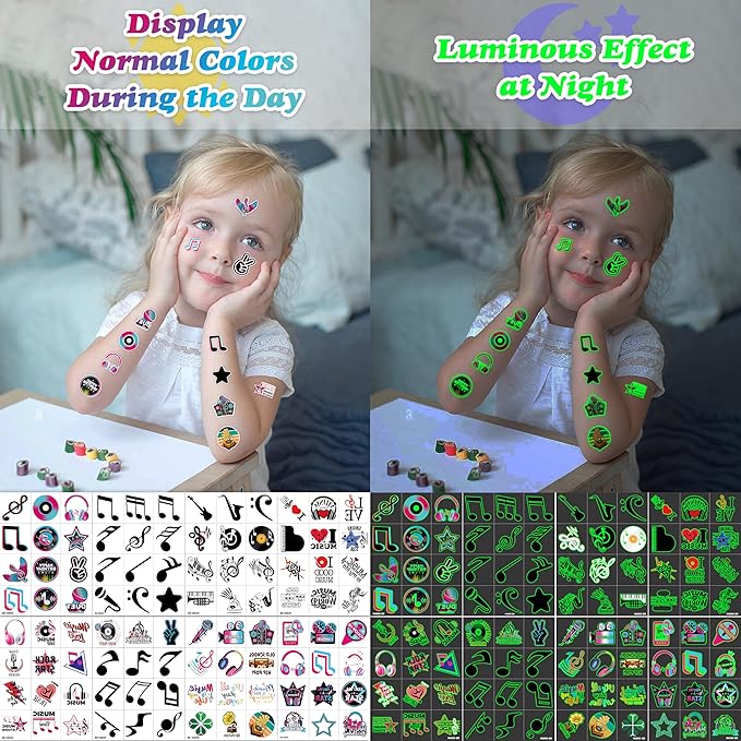 (96PCS) Music Note Notes Musical Motivational Pre-Cut Temporary Tattoos for Kids Birthday Themed Party Supplies Decorations Favors Super Cute Instrument Stickers Tattoo (Luminous)