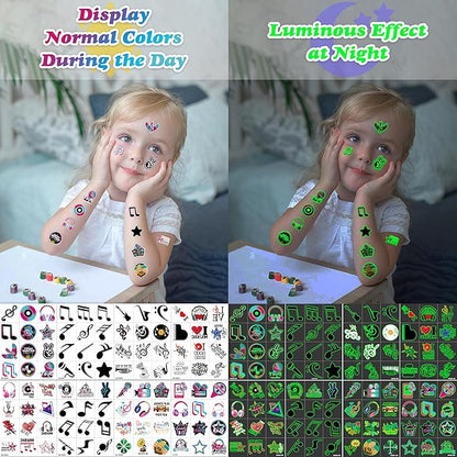(96PCS) Music Note Notes Musical Motivational Pre-Cut Temporary Tattoos for Kids Birthday Themed Party Supplies Decorations Favors Super Cute Instrument Stickers Tattoo (Luminous)