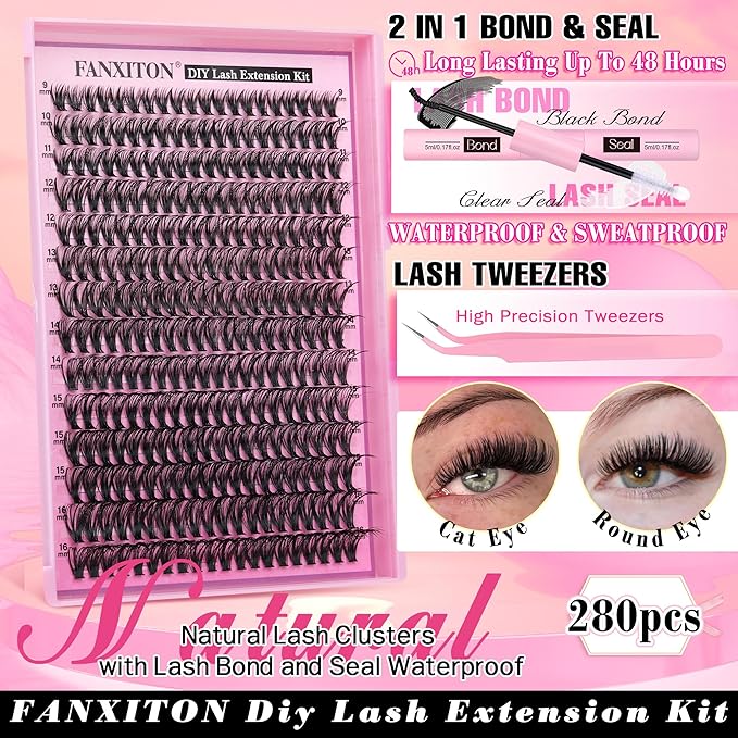 FANXITON DIY Lash Extension Kit 40D D Individual Lashes Lash Clusters Kit Cluster Lashes Lash Bond and Seal and Lash Tweezers for Lash Clusters Kit DIY at Home