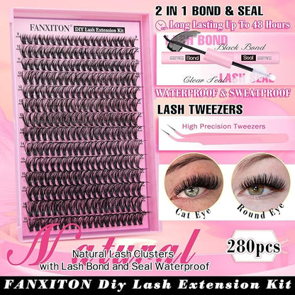 FANXITON DIY Lash Extension Kit 40D D Individual Lashes Lash Clusters Kit Cluster Lashes Lash Bond and Seal and Lash Tweezers for Lash Clusters Kit DIY at Home