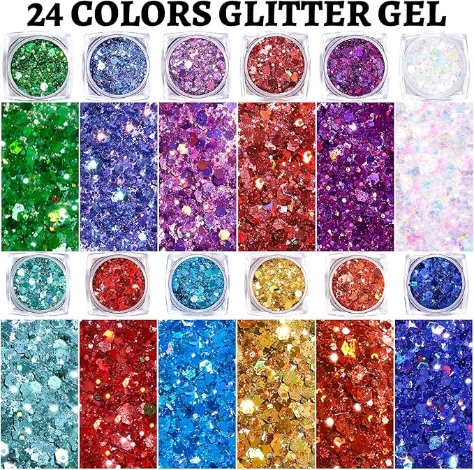 Teenitor 24 Colors Body & Hair Glitter Gel - Face, Body, Hair Glitter for Halloween Makeup