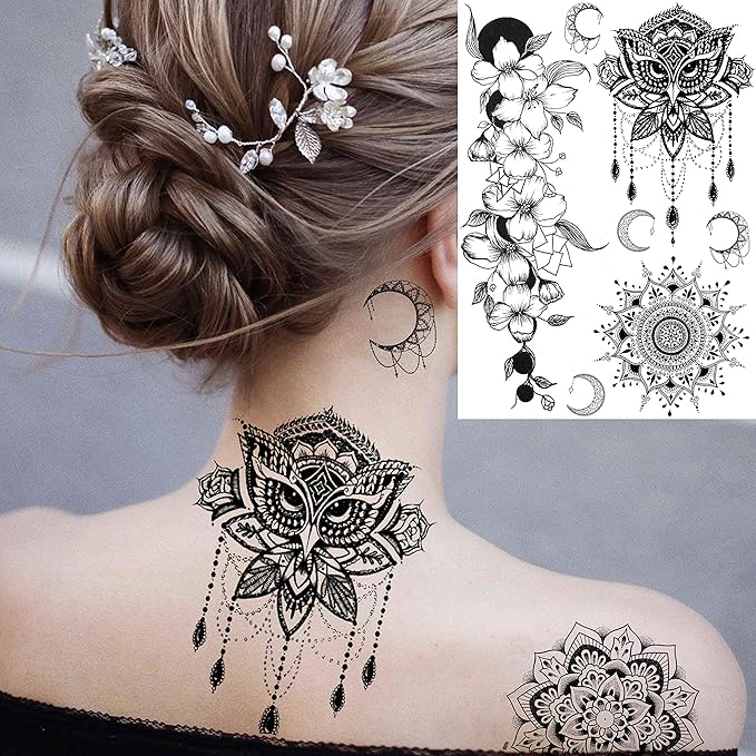 28 Sheets Tribal Black Temporary Tattoos For Women Girls, Waterproof Fake Tattoos Temporary Elephant Ganesha Lace Tattoo Kits, Lotus Mandala Flower Tatoo Sticker Moon Neck Chest Arm Butterfly
