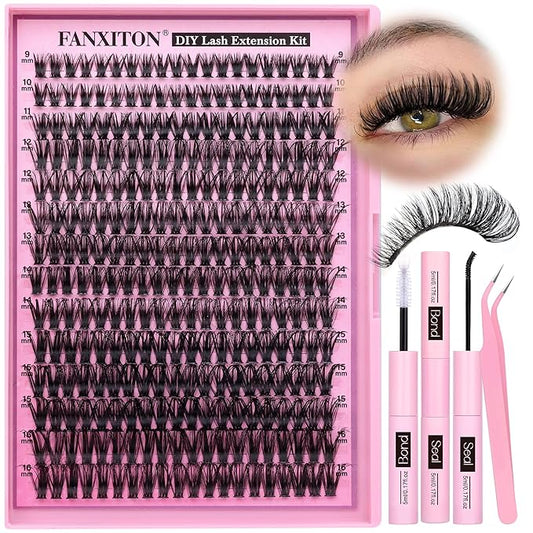 FANXITON DIY Lash Extension Kit 50D D Individual Lashes Lash Clusters Kit Cluster Lashes Lash Bond and Seal and Lash Tweezers for Lash Clusters Kit DIY at Home