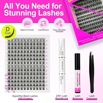 Lash Cluster Kit DIY Lash Extension Kit with 168pcs D Curl Cluster Lashes Super Soft Lashes Natural Look, Lash Bond and Seal, Lash Remover, Applicator, 10-16mm C03