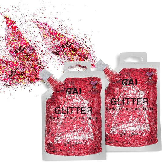 Hair Glitter Gel Body Glitter & Face Glitter for Women/Kids(2 Pk Red/Red) Chunky Iridescent Holograph Stars & Moon Cosmetic Grade Makeup Apply Without Glue Easy to Take Off & Keep Skin Clean