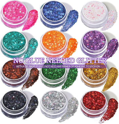 Teenitor Face Glitter Gel Set, No Glue Body Glitter, Festival Makeup Glitter for Face, Body, Hair, Total 120g/4.23oz, 12 Color