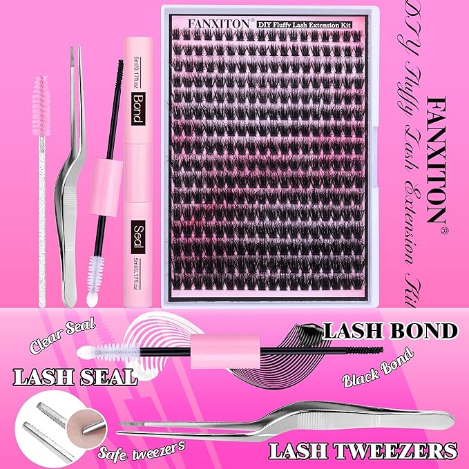 FANXITON DIY Lash Extension Kit Full Lash Clusters 288 pcs Thick Lash Clusters Kit D 10-18 mm Cluster Eyelash Extension Kit with Lash Bond and Seal Lash Tweezers Individual Lashes For Beginners
