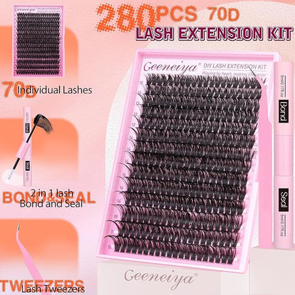 Geeneiya Full Lash Extension Kit 10-18MM Volume Eyelash Extension Kit D Curl Cluster Lashes Individual Eyelashes Kit with Waterproof Lash Bond and Seal, Lash Tweezers (10-18MM, 280Pcs, 70P)