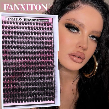 FANXITON DIY Lash Extension Kit Full Lash Clusters 288 pcs Thick Lash Clusters Kit D 10-18 mm Cluster Eyelash Extension Kit with Lash Bond and Seal Lash Tweezers Individual Lashes For Beginners