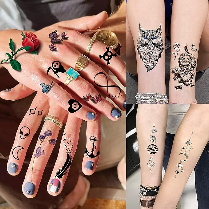 66 Sheets 430+ PCS Cute Temporary Tattoos For Women Men Adults, Watercolor Butterfly Flower Lavender Fake Tattoo Stickers Kids Boys Girls, Black Star Animals Space Temp Tattoos Dragon Wolf Lion