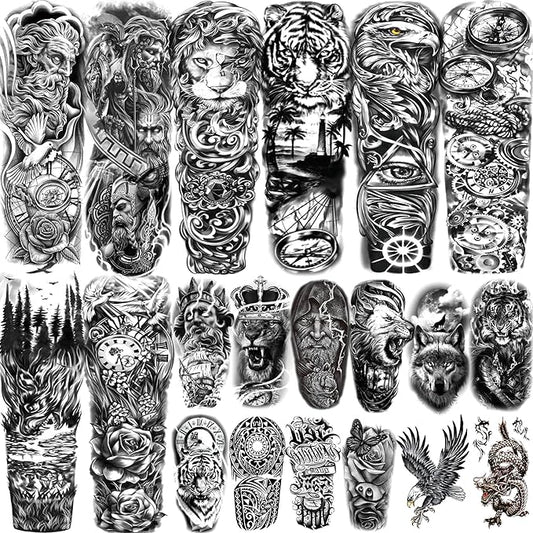20 Sheets Full Arm Sleeve Temporary Tattoos For Men Women Thigh, Zeus God Lion Eagle Tiger Fake Tattoo Sleeve For Adults, Long Lasting Halloween Black Dragon Maori Tattoo Stickers Compass Rose Flower