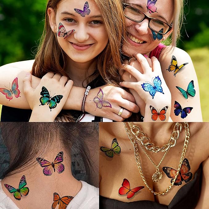 81 PCS Colorful Butterfly Temporary Tattoos For Women Boobs, Watercolor Small 3D Butterfly Long Lasting Temp Tattoo Sticker For Kids Girls Face Arm, Fake Tattoos That Look Real And Last Long
