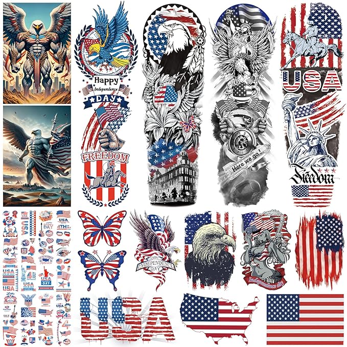 Independence Day Temporary Tattoo,4th of July Sleeve Tattoo, American Flag Fake Tattoos,Red White and Blue Party Supplies,USA Flag, Memorial Day, Independence Day, Labor Day