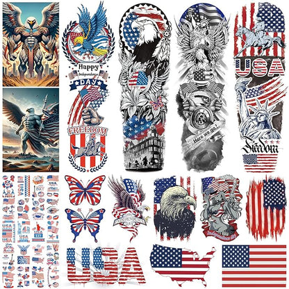 Independence Day Temporary Tattoo,4th of July Sleeve Tattoo, American Flag Fake Tattoos,Red White and Blue Party Supplies,USA Flag, Memorial Day, Independence Day, Labor Day