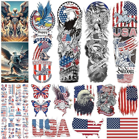 Independence Day Temporary Tattoo,4th of July Sleeve Tattoo, American Flag Fake Tattoos,Red White and Blue Party Supplies,USA Flag, Memorial Day, Independence Day, Labor Day