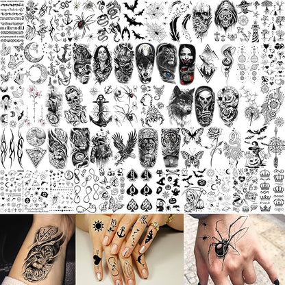 73 Sheets Black Wolf Lion Temporary Tattoos For Men Women, Halloween Half Arm Sleeve Tattoo Stickers Tiger Zeus Jesus Christ Dragon, Temp Gothic Waterproof Fake Tattoos For Adults Owl Skull Skeleton