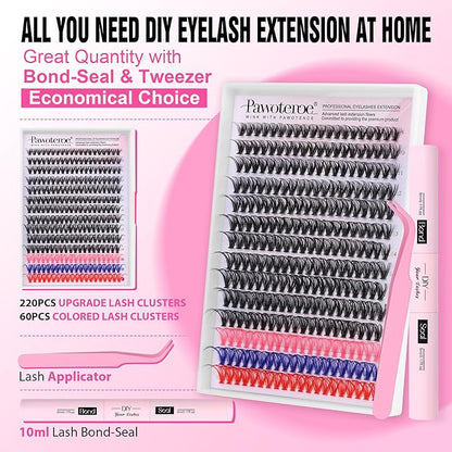 Pawotence Lash Extension Kit DIY Individual Lash Clusters Eyelash Extension Kit 9-16mm Lash Clusters Colored with Lash Bond and Seal, Lash Tweezers for Self Application (40D, 9-16mm, Color Kit)