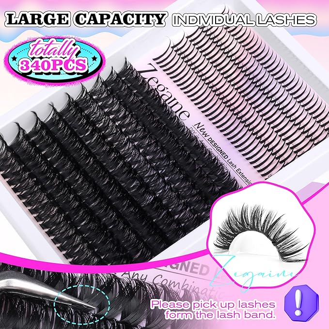 Thick Lash Clusters With Spikes 100D Long Mega Eyelash Clusters 20MM Spikes Individual Lashes 340Pcs Spikes Lash Clusters 13-21MM Volume Eyelash Extensions Wispy Lash Clusters 10-20MM by Zegaine