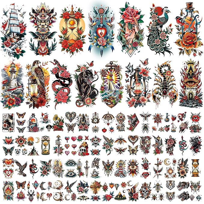 Cerlaza 79 Sheets Classic Temporary Tattoos for Adult Women Men, American Old School Fake Tattoos Sleeve, Realistic Traditional Colorful Flower Animal Half Arm/Tiny Tattoo Stickers
