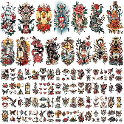 Cerlaza 79 Sheets Classic Temporary Tattoos for Adult Women Men, American Old School Fake Tattoos Sleeve, Realistic Traditional Colorful Flower Animal Half Arm/Tiny Tattoo Stickers