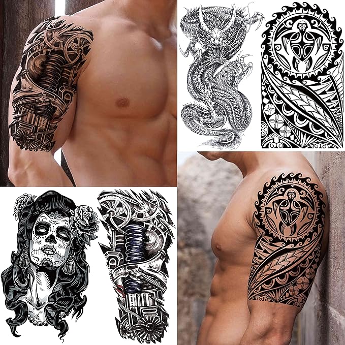 50 Sheets Black Temporary Tattoos For Men Adults Ealge Dragon Lion Wolf Animals For Women Neck Arm Thigh, Fake Small Skull Tattoo Sticker For Kids Children Boys Girls Tatoos